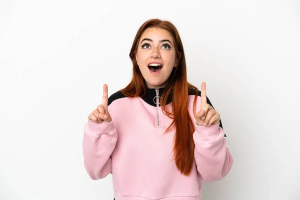 Young Redhead Woman Isolated White Background Surprised Pointing — Foto Stock