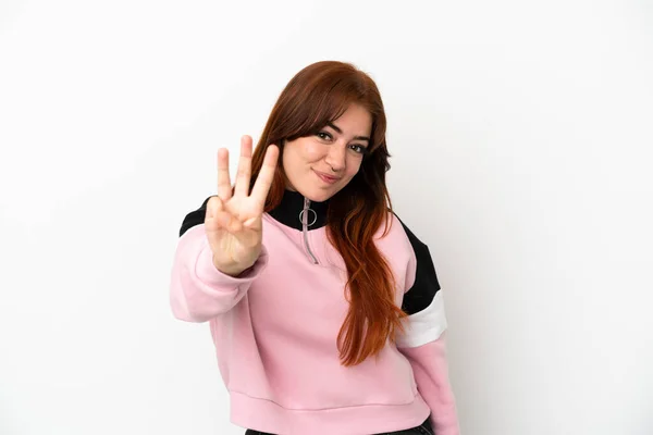 Young Redhead Woman Isolated White Background Happy Counting Three Fingers — 图库照片