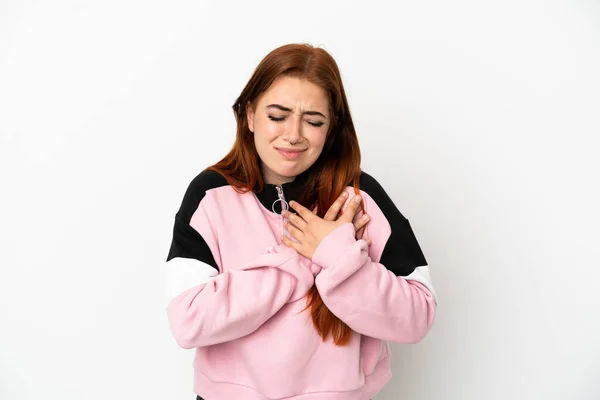 Young Redhead Woman Isolated White Background Having Pain Heart — Foto Stock