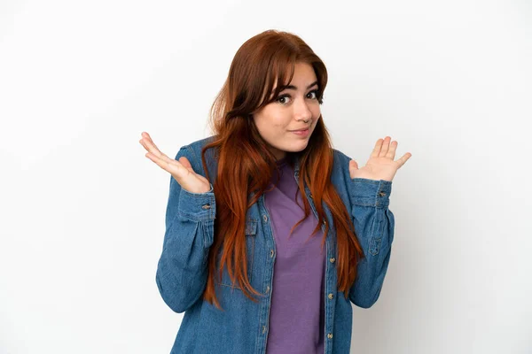 Young Redhead Woman Isolated White Background Making Doubts Gesture — 图库照片