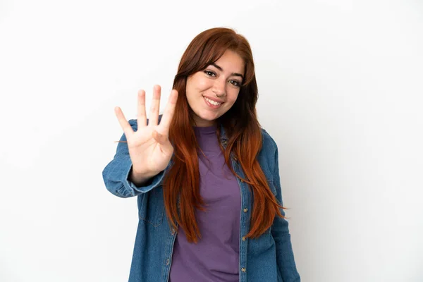 Genç Kızıl Saçlı Kadın Beyaz Arka Planda Izole Edilmiş Mutlu — Stok fotoğraf
