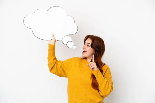 Young Redhead Woman Isolated White Background Holding Thinking Speech Bubble — Stock Photo, Image