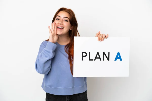 Young Redhead Woman Isolated White Background Holding Placard Message Plan — Fotografia de Stock