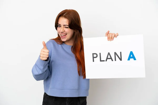 Young Redhead Woman Isolated White Background Holding Placard Message Plan — Stockfoto