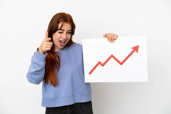 Young Redhead Woman Isolated White Background Holding Sign Growing Statistics — Stock fotografie