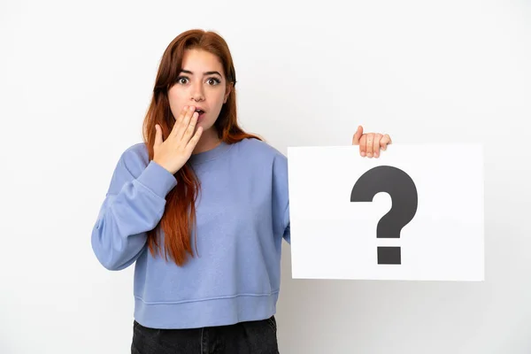 Young Redhead Woman Isolated White Background Holding Placard Question Mark — Zdjęcie stockowe