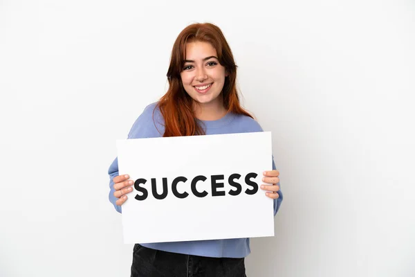 Young Redhead Woman Isolated White Background Holding Placard Text Success — ストック写真