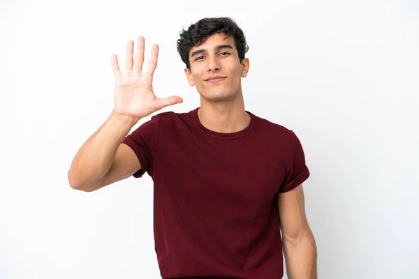 Mladý Argentinský Muž Izolovaný Bílém Pozadí Počítání Pět Prsty — Stock fotografie