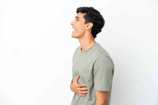 Young Argentinian Man Isolated White Background Laughing Lateral Position — Stockfoto
