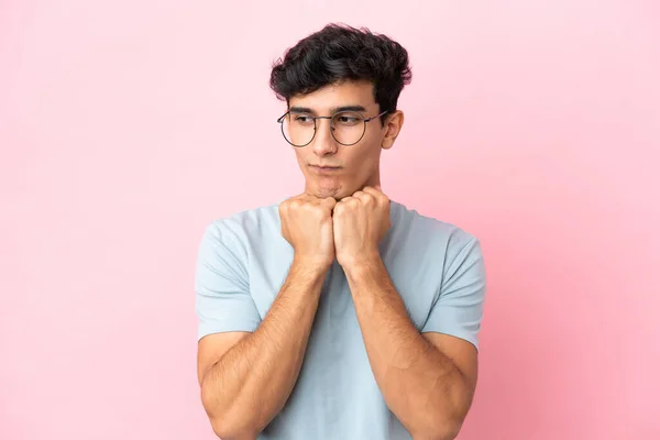 Young Argentinian Man Isolated Pink Background Glasses Tired — 스톡 사진