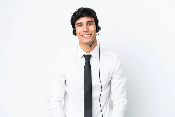 Telemarketer Człowiek Pracuje Słuchawki Izolowane Białym Tle Śmiech — Zdjęcie stockowe