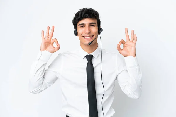 Telemarketer Man Working Headset Isolated White Background Showing Sign Fingers — ストック写真