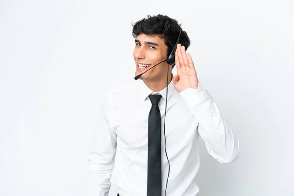 Telemarketer Man Working Headset Isolated White Background Listening Something Putting — Stock Photo, Image