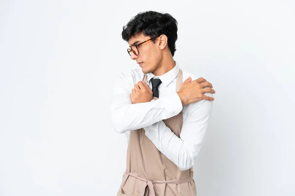 Restaurant Argentinian Waiter Isolated White Background Suffering Pain Shoulder Having — 스톡 사진