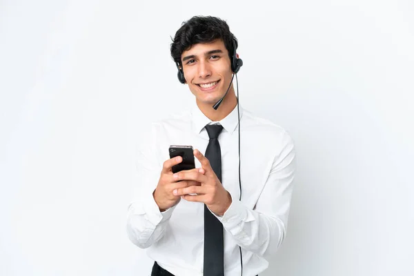 Telemarketer Man Working Headset Isolated White Background Sending Message Mobile — 스톡 사진