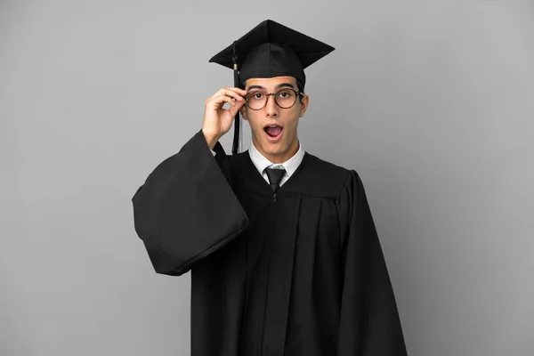 Young Argentinian University Graduate Isolated Grey Background Glasses Surprised — Fotografia de Stock