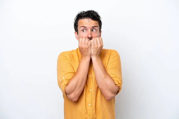 Young Man Moustache Isolated White Background Nervous Scared Putting Hands —  Fotos de Stock