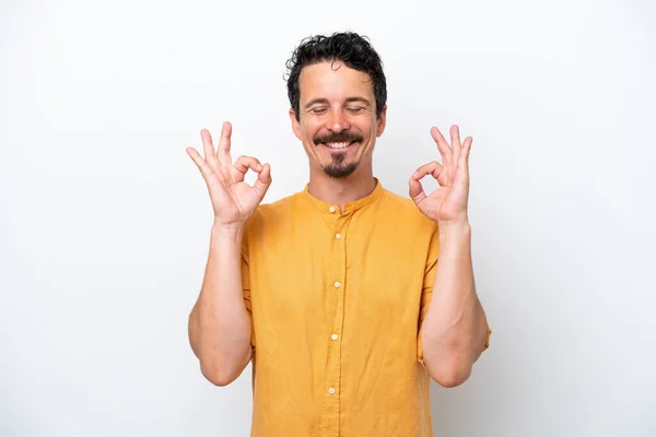 Jongeman Met Snor Geïsoleerd Witte Achtergrond Zen Pose — Stockfoto