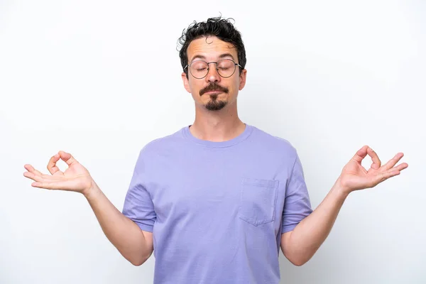 Young Man Moustache Isolated White Background Zen Pose — Foto de Stock