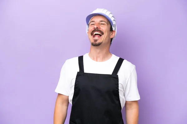 Fishmonger Man Wearing Apron Isolated Purple Background Laughing — Zdjęcie stockowe