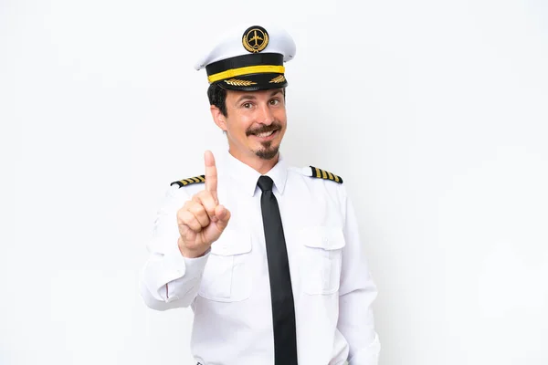 Samolot Biały Pilot Odizolowany Białym Tle Pokazujący Podnoszący Palec — Zdjęcie stockowe