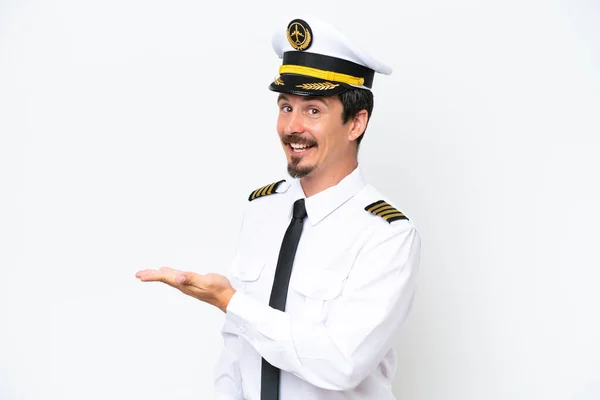 Airplane Caucasian Pilot Isolated White Background Presenting Idea While Looking — Stockfoto