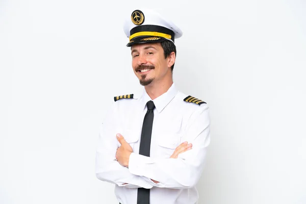 Airplane Caucasian Pilot Isolated White Background Arms Crossed Looking Forward — ストック写真