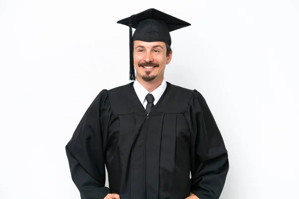 Young University Graduate Man Isolated White Background Posing Arms Hip — Stockfoto