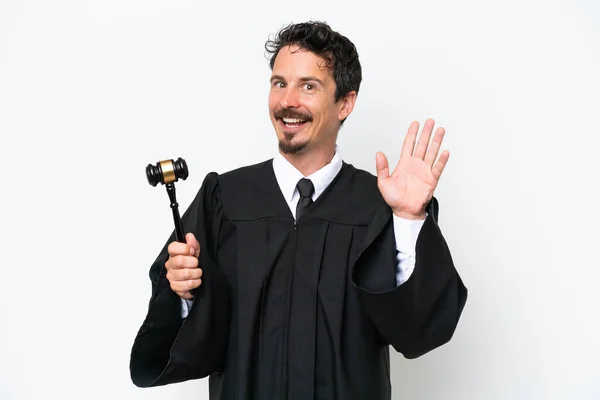 Young Judge Caucasian Man Isolated White Background Saluting Hand Happy — Stockfoto