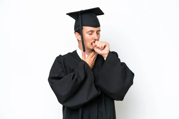 Young University Graduate Man Isolated White Background Suffering Cough Feeling — Stockfoto