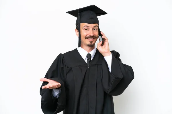Young University Graduate Man Isolated White Background Keeping Conversation Mobile — Foto Stock