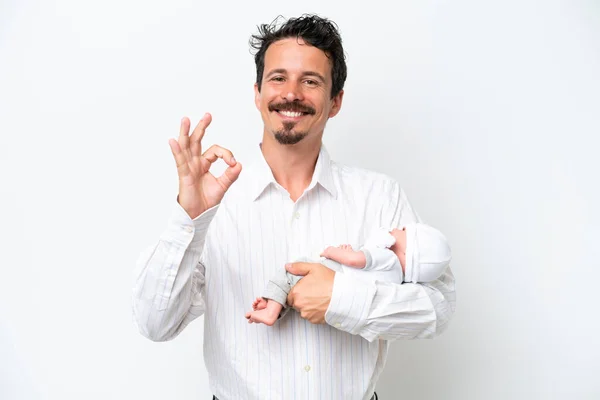 Young Man His Newborn Baby Showing Sign Fingers – stockfoto