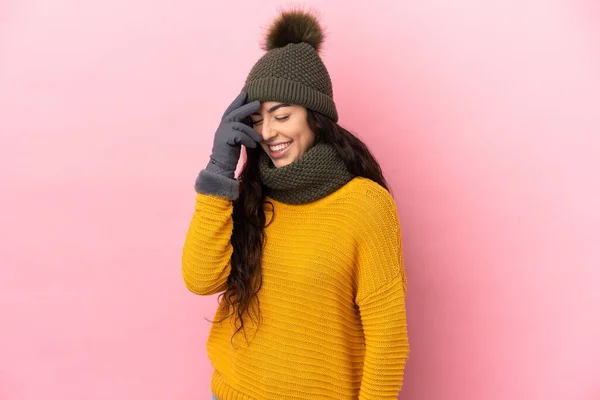 Young Caucasian Girl Winter Hat Isolated Purple Background Laughing — Stock Photo, Image