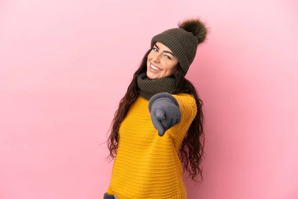 Young Caucasian Girl Winter Hat Isolated Purple Background Pointing Front — Stockfoto