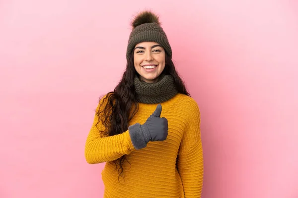 Young Caucasian Girl Winter Hat Isolated Purple Background Giving Thumbs — 图库照片