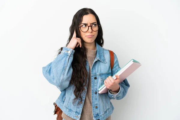 Jovem Estudante Mulher Isolada Fundo Branco Com Dúvidas Pensamento — Fotografia de Stock