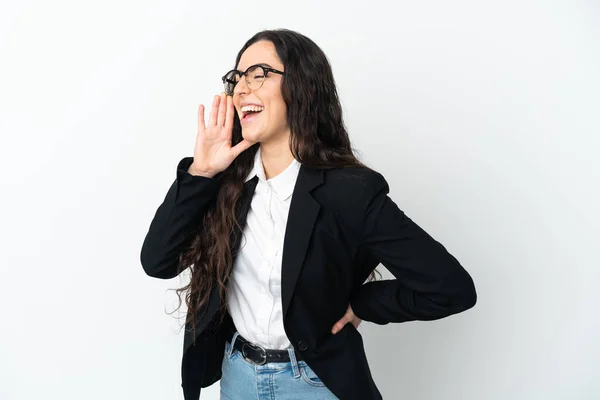 Young Business Woman Isolated White Background Shouting Mouth Wide Open — Zdjęcie stockowe