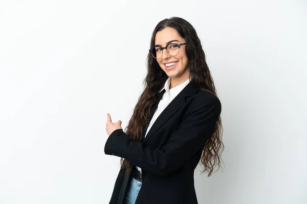 Young Business Woman Isolated White Background Pointing Back — Stock Photo, Image