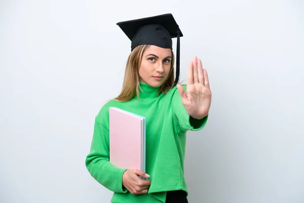 Young University Graduate Woman Isolated White Background Making Stop Gesture — ストック写真
