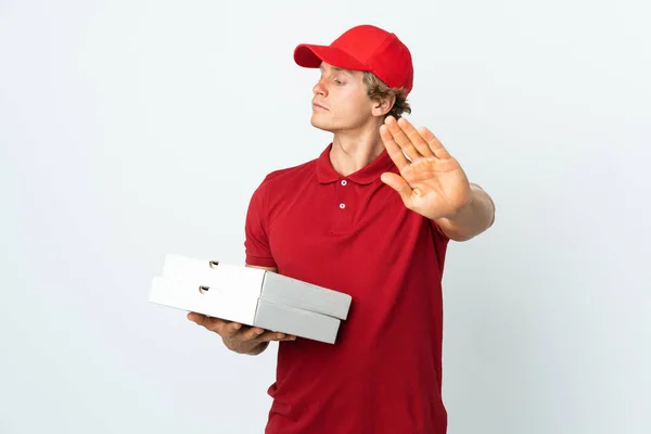 Pizza Delivery Man Isolated White Background Making Stop Gesture Disappointed — Stock fotografie