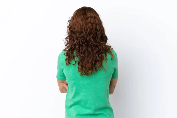 Young Woman Curly Hair Isolated White Background Back Position — 스톡 사진