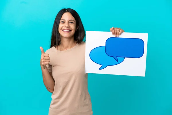 Young Woman Isolated Background Holding Placard Speech Bubble Icon Thumb — 图库照片