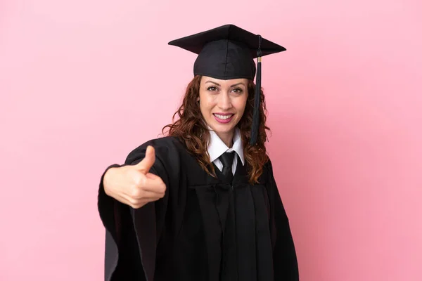 Young University Graduate Woman Isolated Pink Background Thumbs Because Something — ストック写真