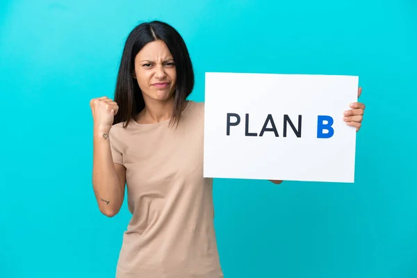 Young Woman Isolated Background Holding Placard Message Plan Angry — Stockfoto