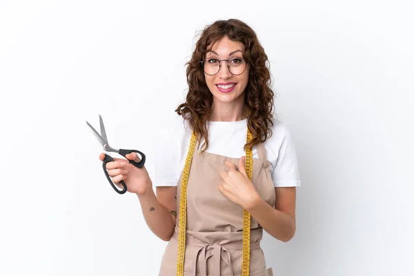 Young Caucasian Seamstress Woman Isolated White Background Surprise Facial Expression — Stock Photo, Image