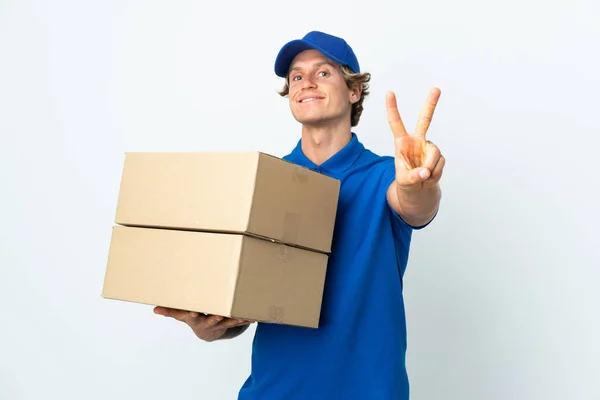 Entrega Homem Sobre Isolado Fundo Branco Sorrindo Mostrando Sinal Vitória — Fotografia de Stock