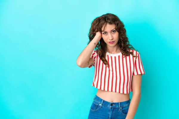 Young Woman Curly Hair Isolated Blue Background Expression Frustration Understanding — Foto de Stock