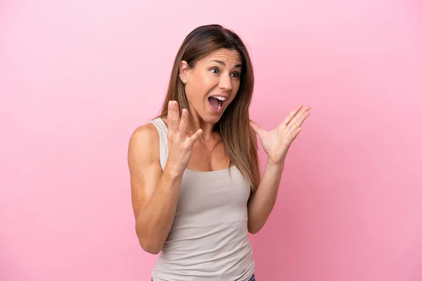 Middle Age Caucasian Woman Isolated Pink Background Surprise Facial Expression — Stock Photo, Image