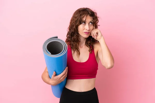 Young Sport Woman Going Yoga Classes While Holding Mat Isolated — Stock Photo, Image