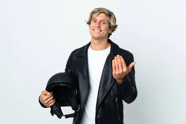 English Man Holding Motorcycle Helmet Inviting Come Hand Happy You — ストック写真